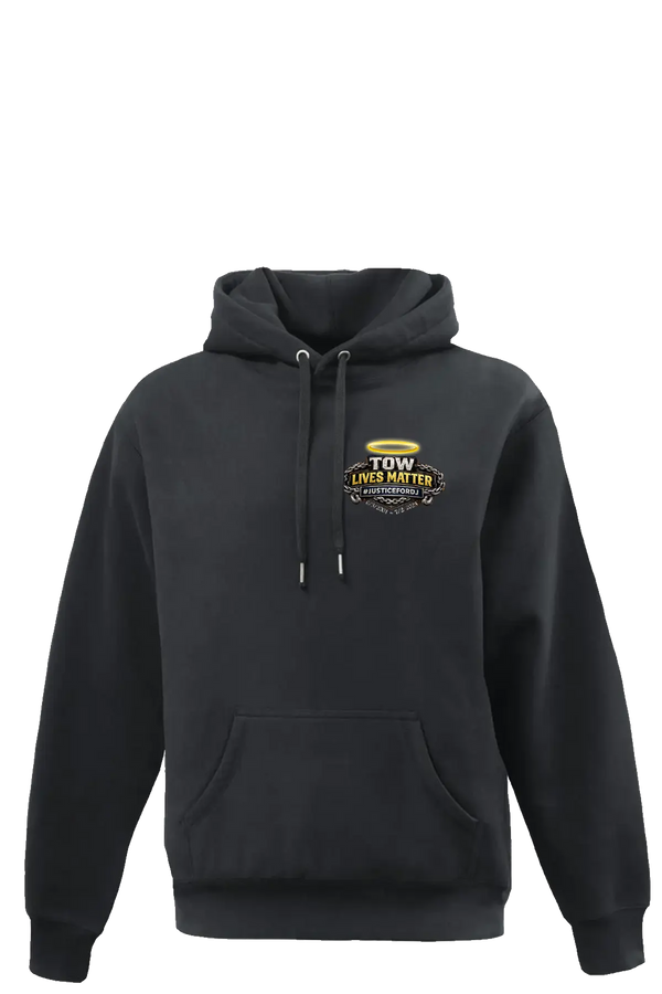 Black hoodie with a logo on the chest against a white background. #JUSTICEFORDJ - Paper Street Print Co, Blairstown, NJ.