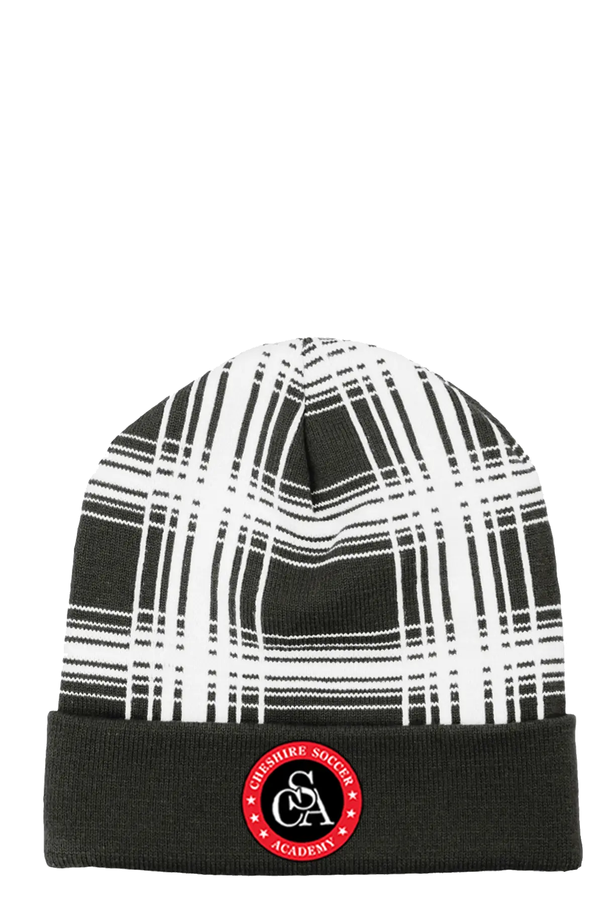 Plaid beanie with a logo on a white background. Paper Street Print Co, Blairstown, NJ.