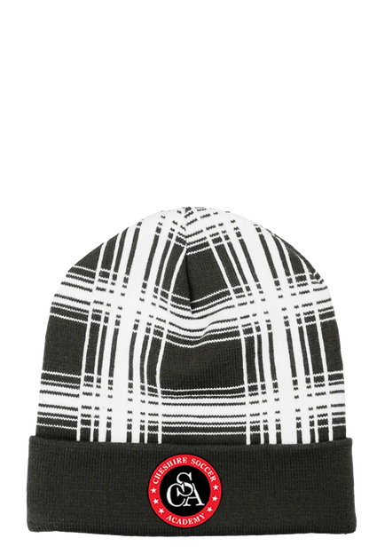 Plaid beanie with a logo on a white background. Paper Street Print Co, Blairstown, NJ.