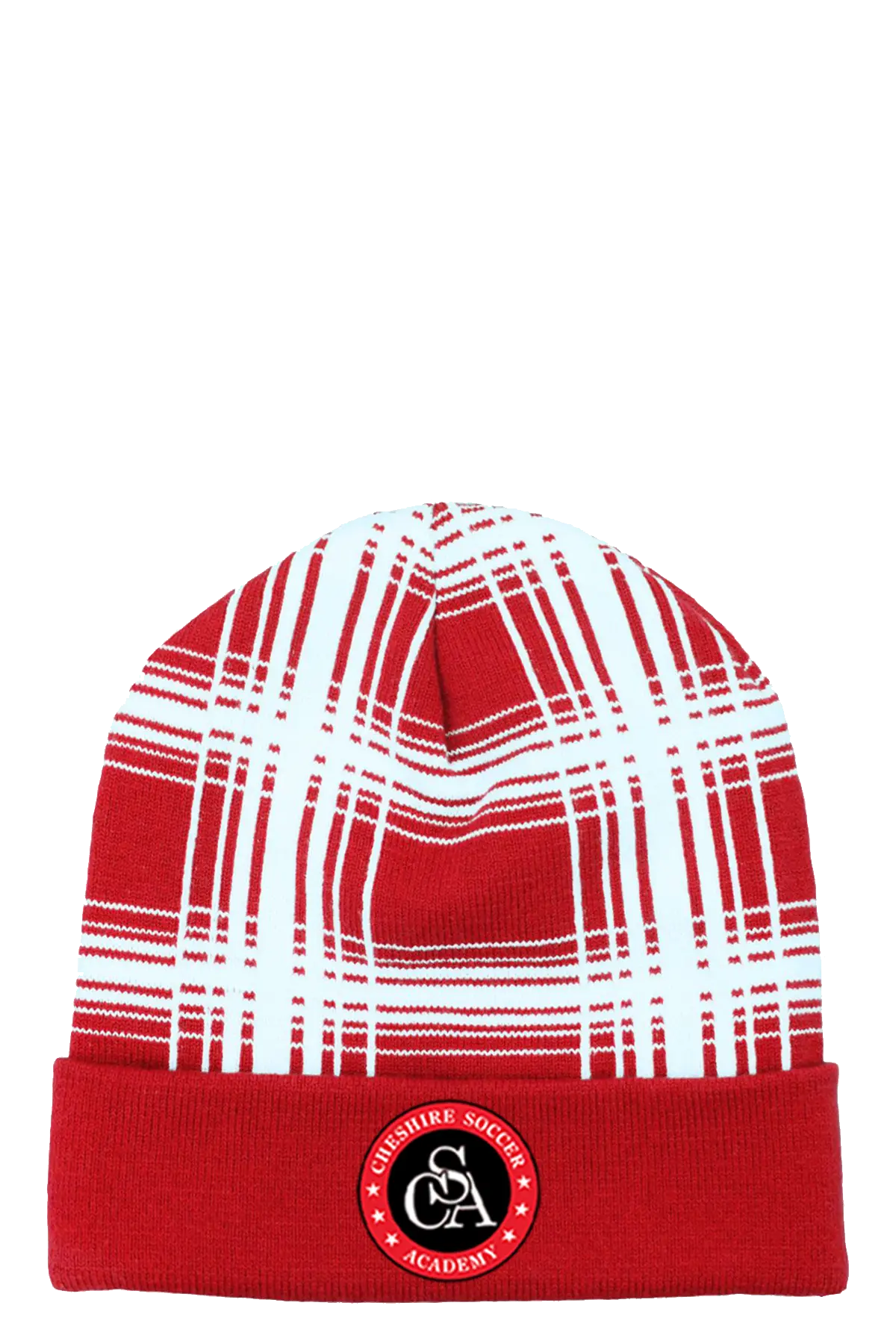 Red and white plaid beanie with a logo on a white background. Paper Street Print Co, Blairstown, NJ.