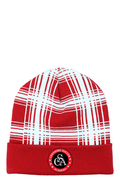 Red and white plaid beanie with a logo on a white background. Paper Street Print Co, Blairstown, NJ.