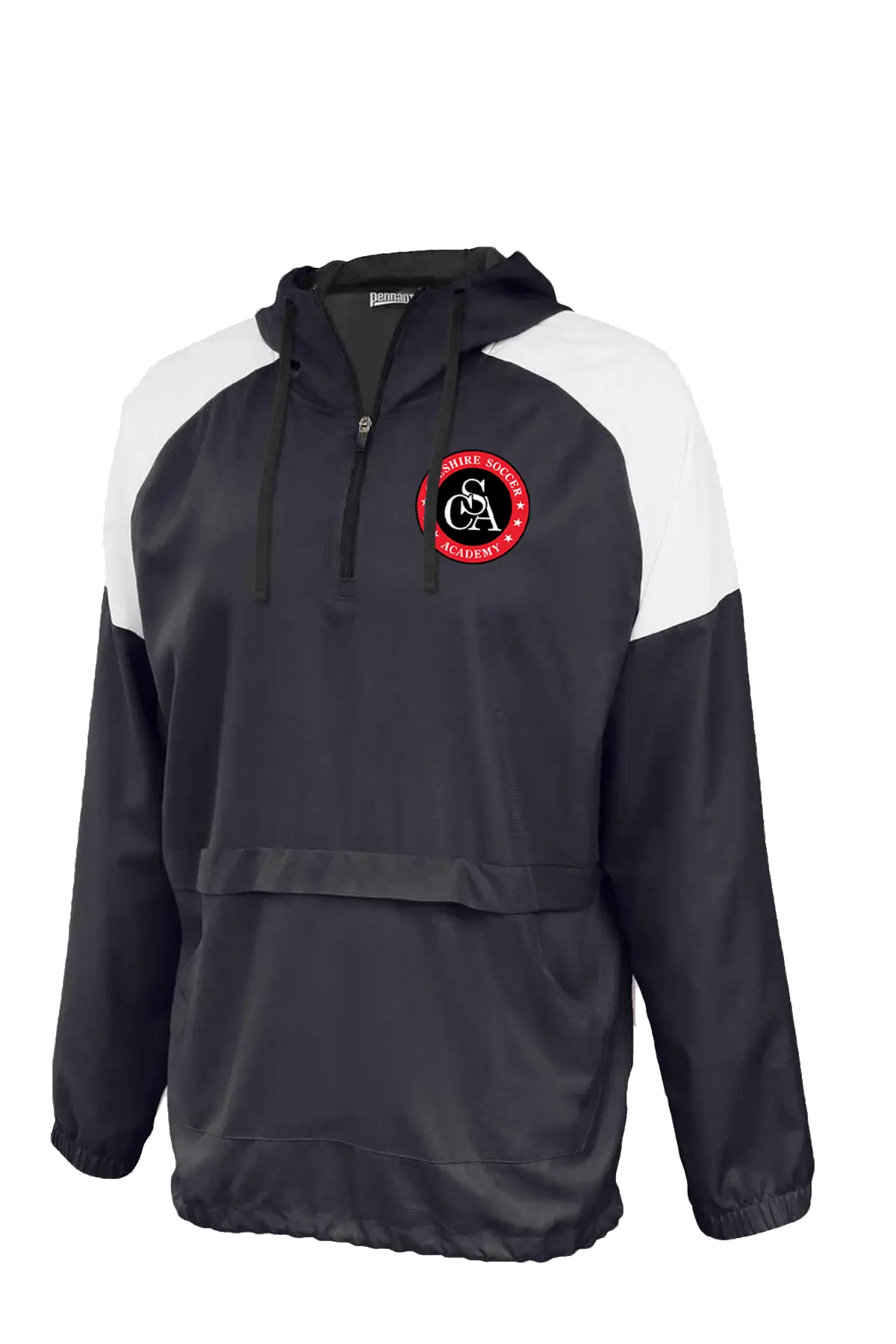Navy and white pullover with a logo on a white background. Paper Street Print Co, Blairstown, NJ.