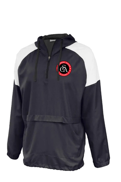 Navy and white pullover with a logo on a white background. Paper Street Print Co, Blairstown, NJ.