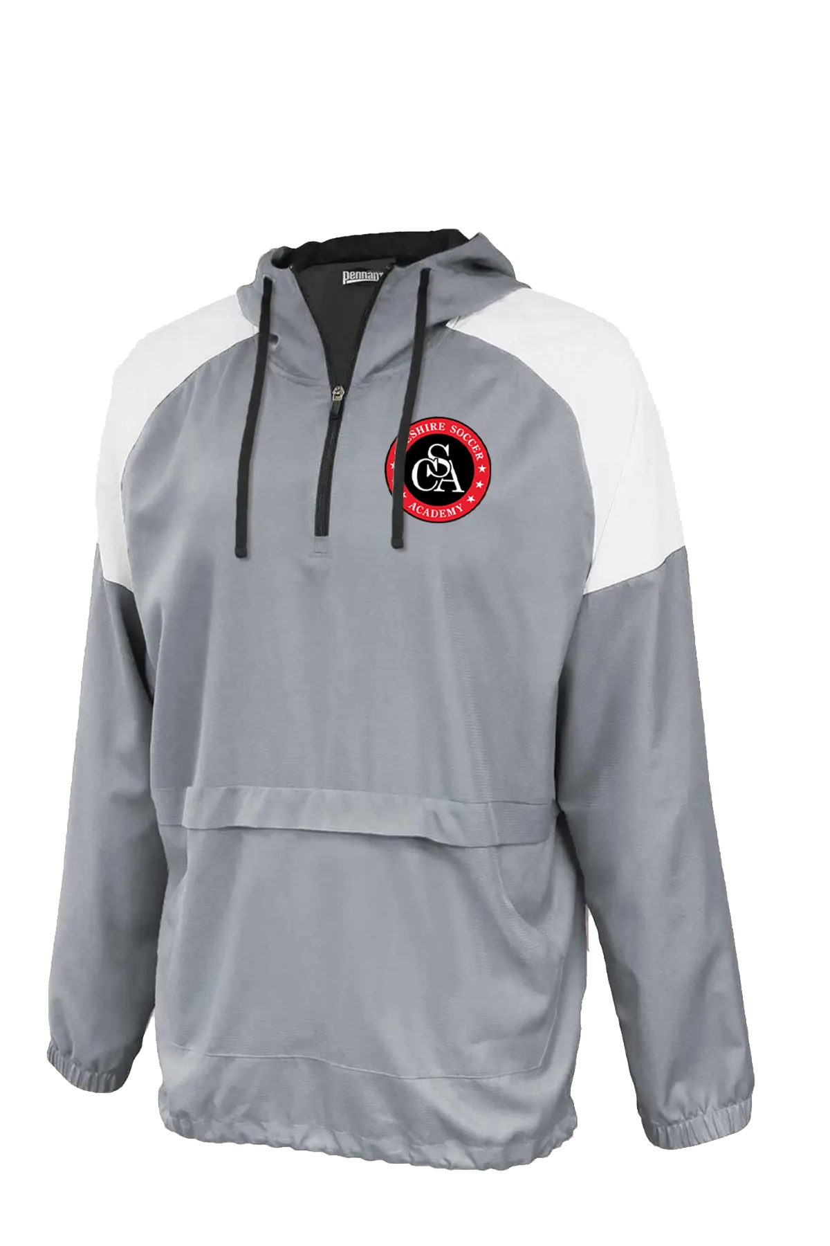 Gray and white pullover with a logo on a white background. Paper Street Print Co, Blairstown, NJ.