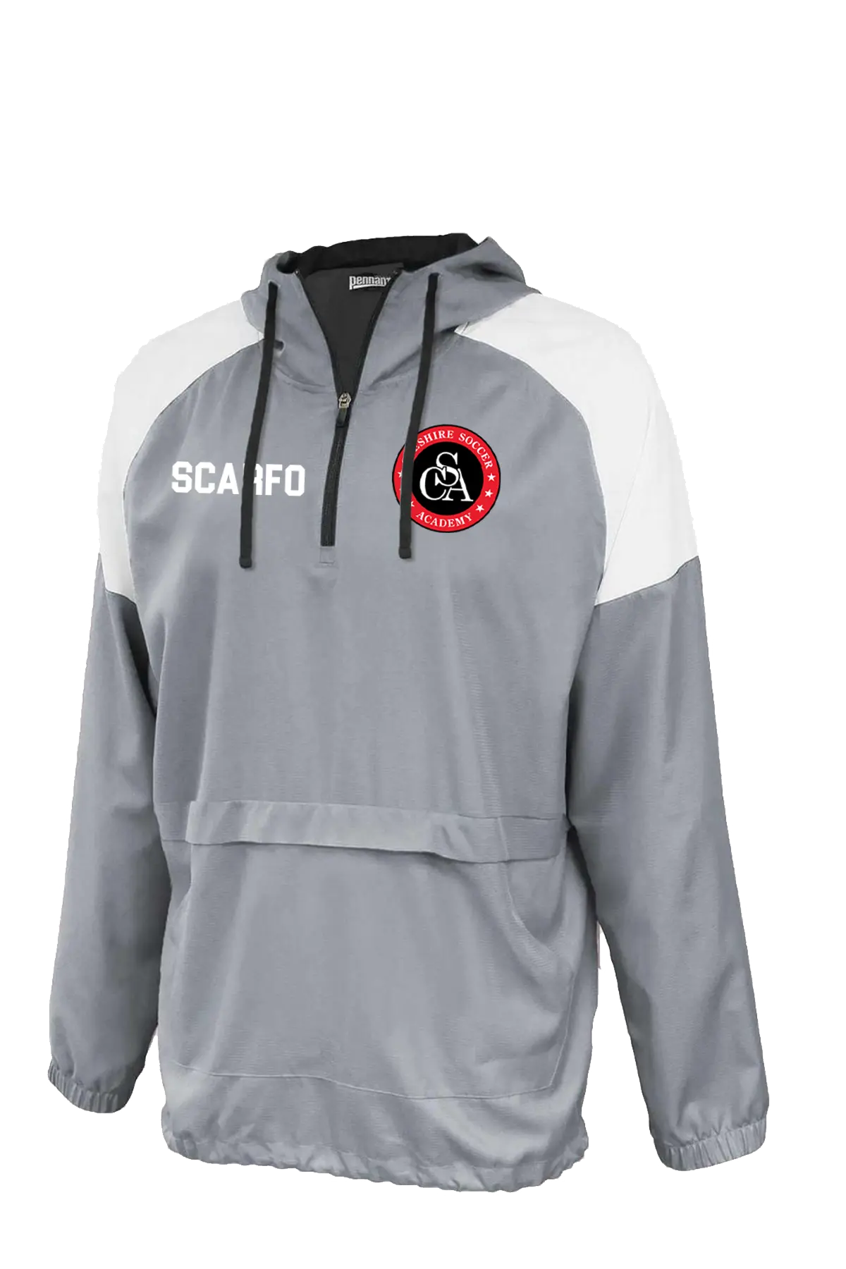 Gray and white pullover with a logo and text on a white background. Paper Street Print Co, Blairstown, NJ.