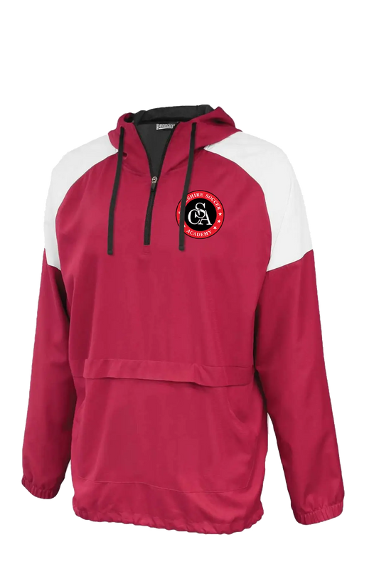 Red and white pullover with a logo on a white background. Paper Street Print Co, Blairstown, NJ.