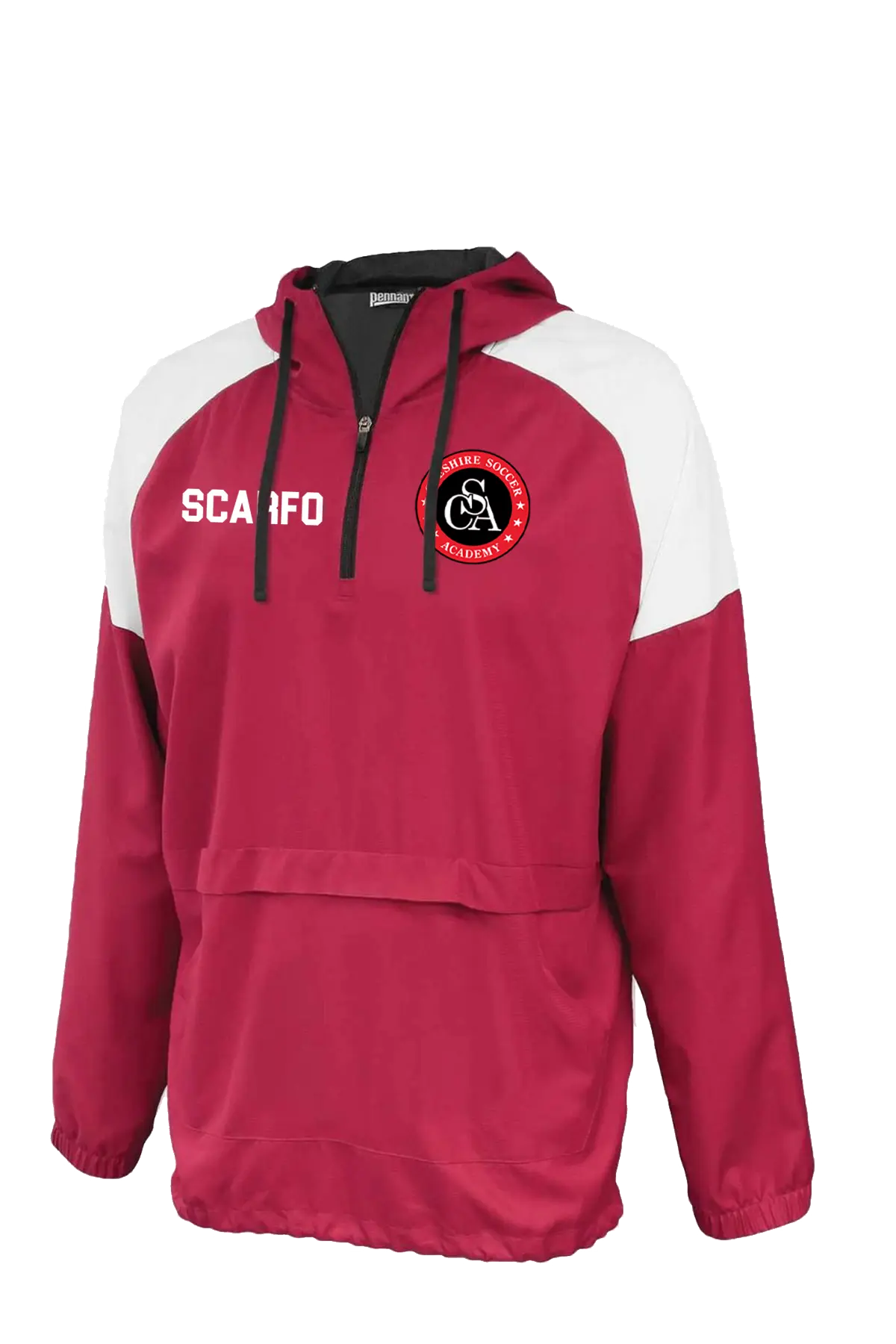 Red and white pullover hoodie with a logo and text on a white background. Paper Street Print Co, Blairstown, NJ.