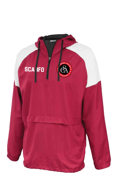 Red and white pullover hoodie with a logo and text on a white background. Paper Street Print Co, Blairstown, NJ.