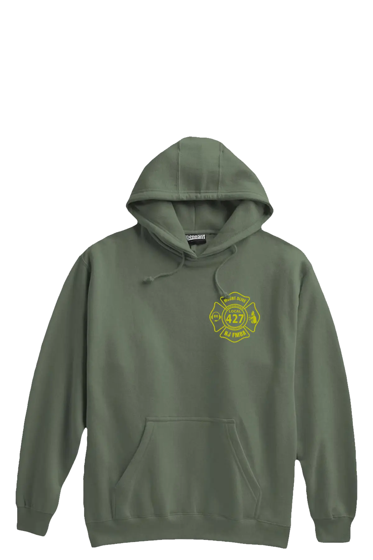 Green hoodie with a yellow logo on a white background. Paper Street Print Co, Blairstown, NJ.