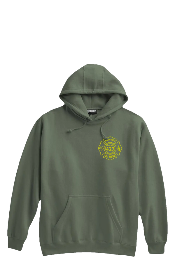 Green hoodie with a yellow logo on a white background. Paper Street Print Co, Blairstown, NJ.