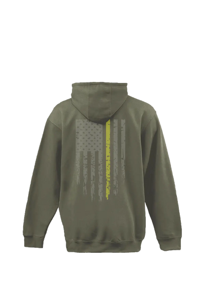 Green hoodie with a flag design on the back against a white background. Paper Street Print Co, Blairstown, NJ.