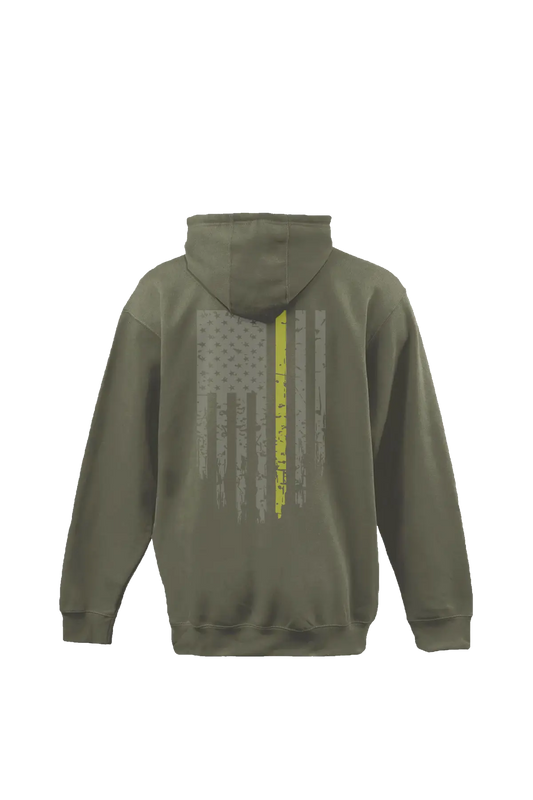 Green hoodie with a flag design on the back against a white background. Paper Street Print Co, Blairstown, NJ.