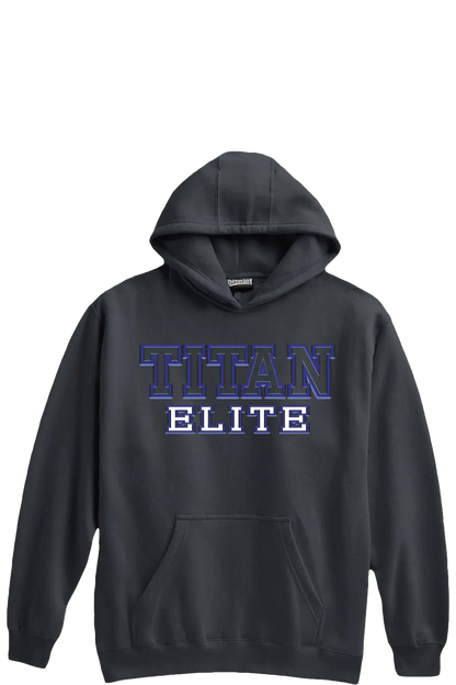 Black hoodie with 'Titan Elite' text on a white background. Paper Street Print Co, Blairstown, NJ.