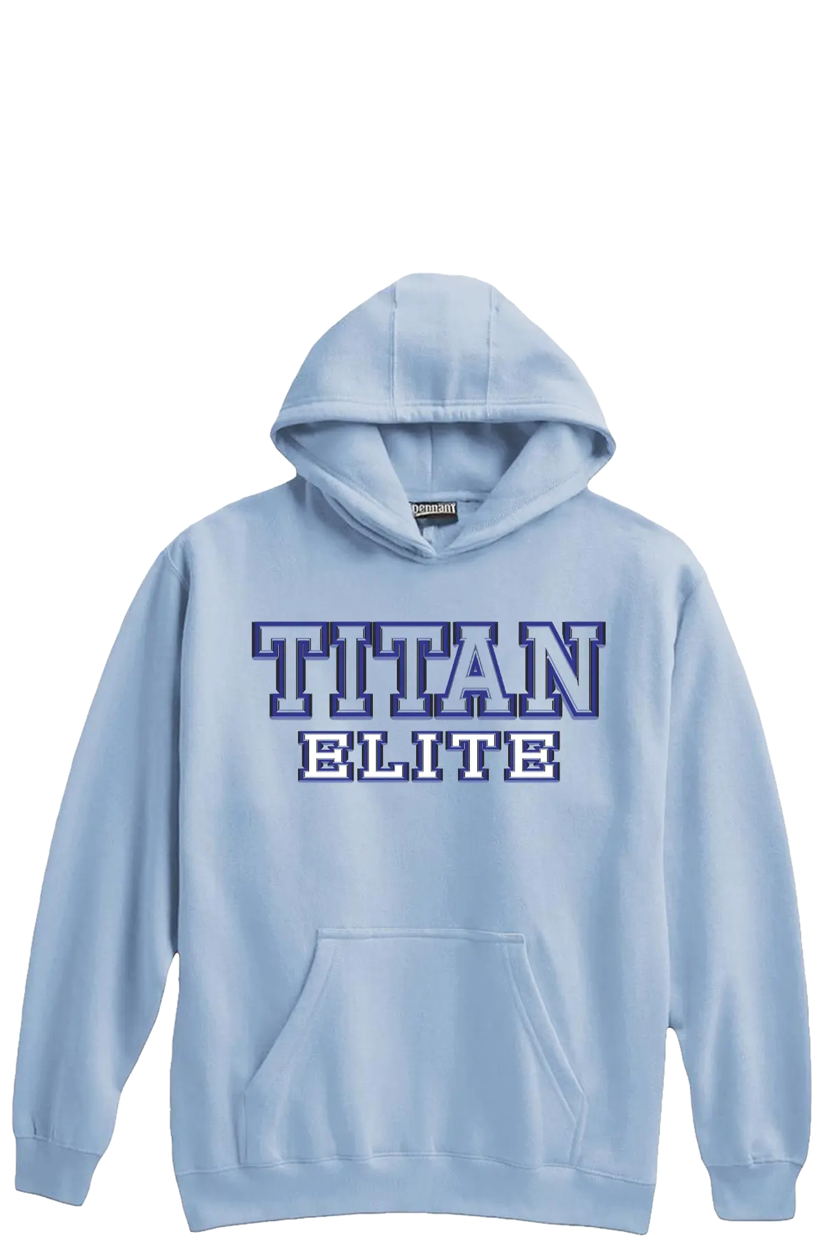 Light blue hoodie with 'TITAN ELITE' text on a white background. Paper Street Print Co, Blairstown, NJ.