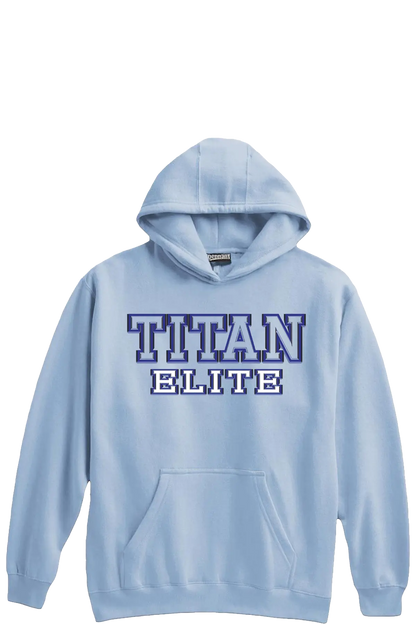 Light blue hoodie with 'TITAN ELITE' text on a white background. Paper Street Print Co, Blairstown, NJ.