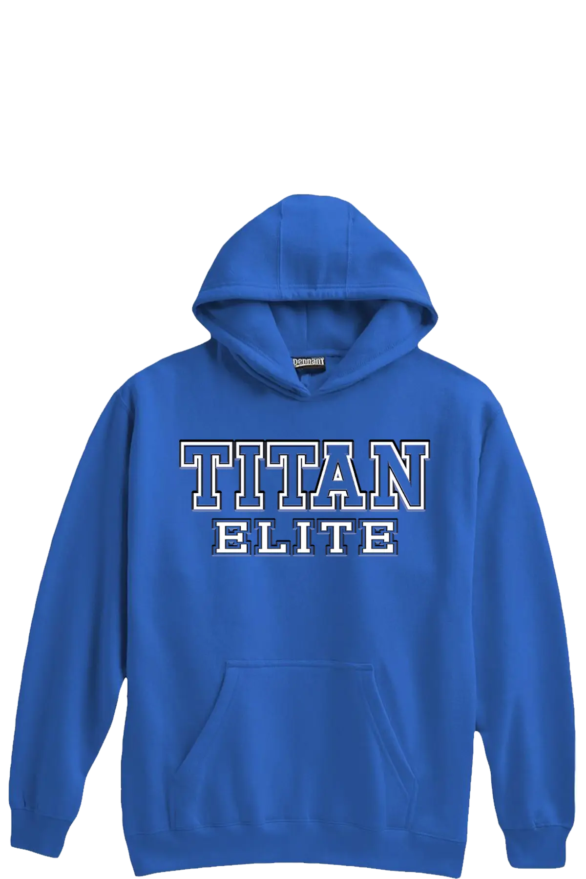 Blue hoodie with 'TITAN ELITE' text on a white background. Paper Street Print Co, Blairstown, NJ.
