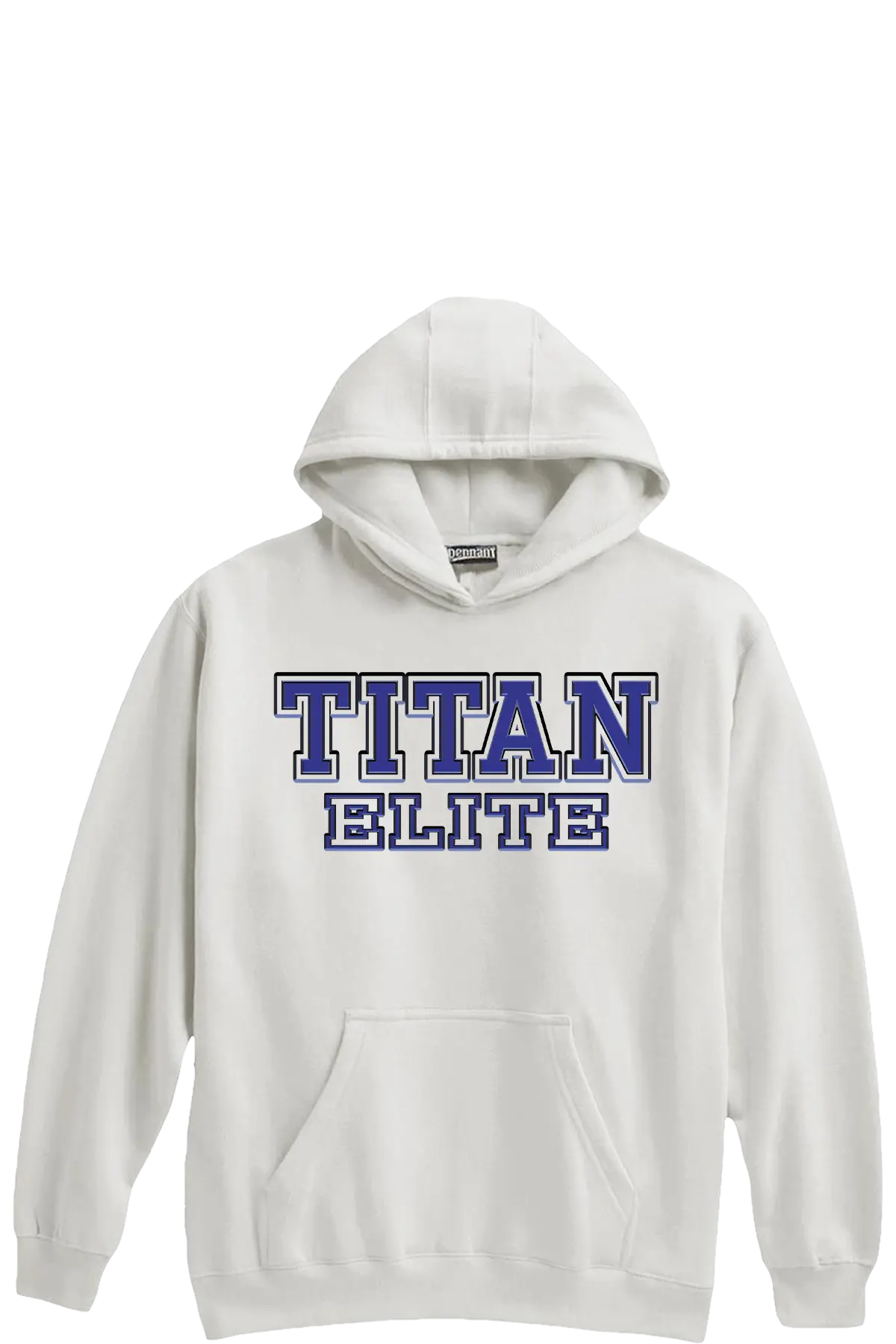 White hoodie with 'TITAN ELITE' text in blue and purple on a white background. Paper Street Print Co, Blairstown, NJ.