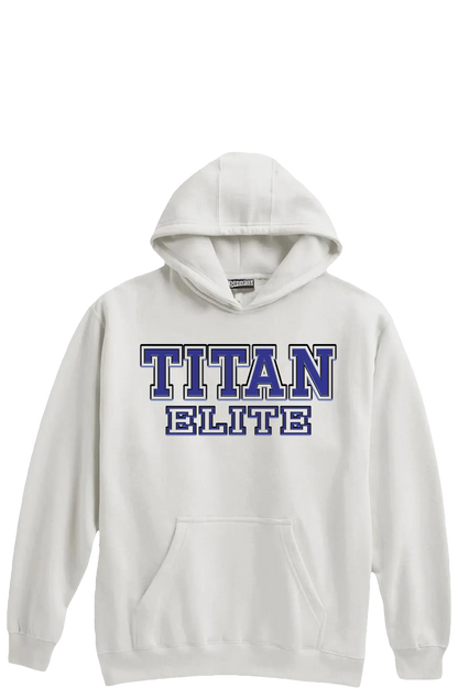 White hoodie with 'TITAN ELITE' text in blue and purple on a white background. Paper Street Print Co, Blairstown, NJ.