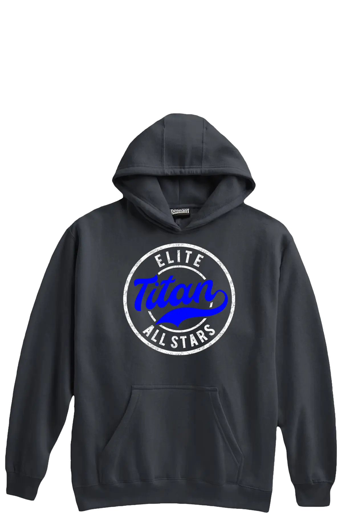 Black hoodie with 'Elite Titan All Stars' logo on a white background. Paper Street Print Co, Blairstown, NJ.