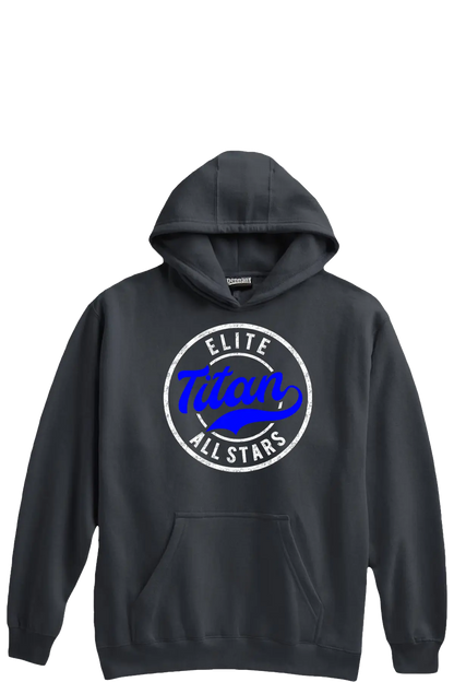 Black hoodie with 'Elite Titan All Stars' logo on a white background. Paper Street Print Co, Blairstown, NJ.
