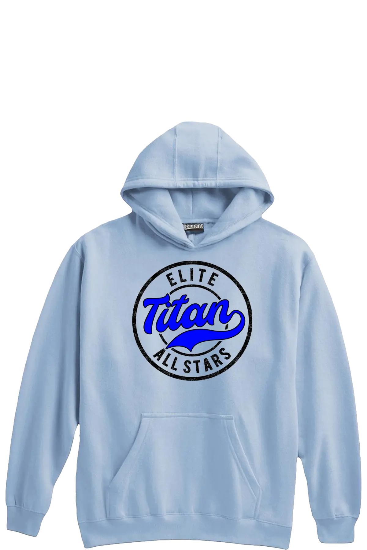 Light blue hoodie with 'Elite Titan All Stars' logo on a white background. Paper Street Print Co, Blairstown, NJ.