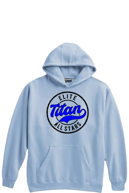 Light blue hoodie with 'Elite Titan All Stars' logo on a white background. Paper Street Print Co, Blairstown, NJ.