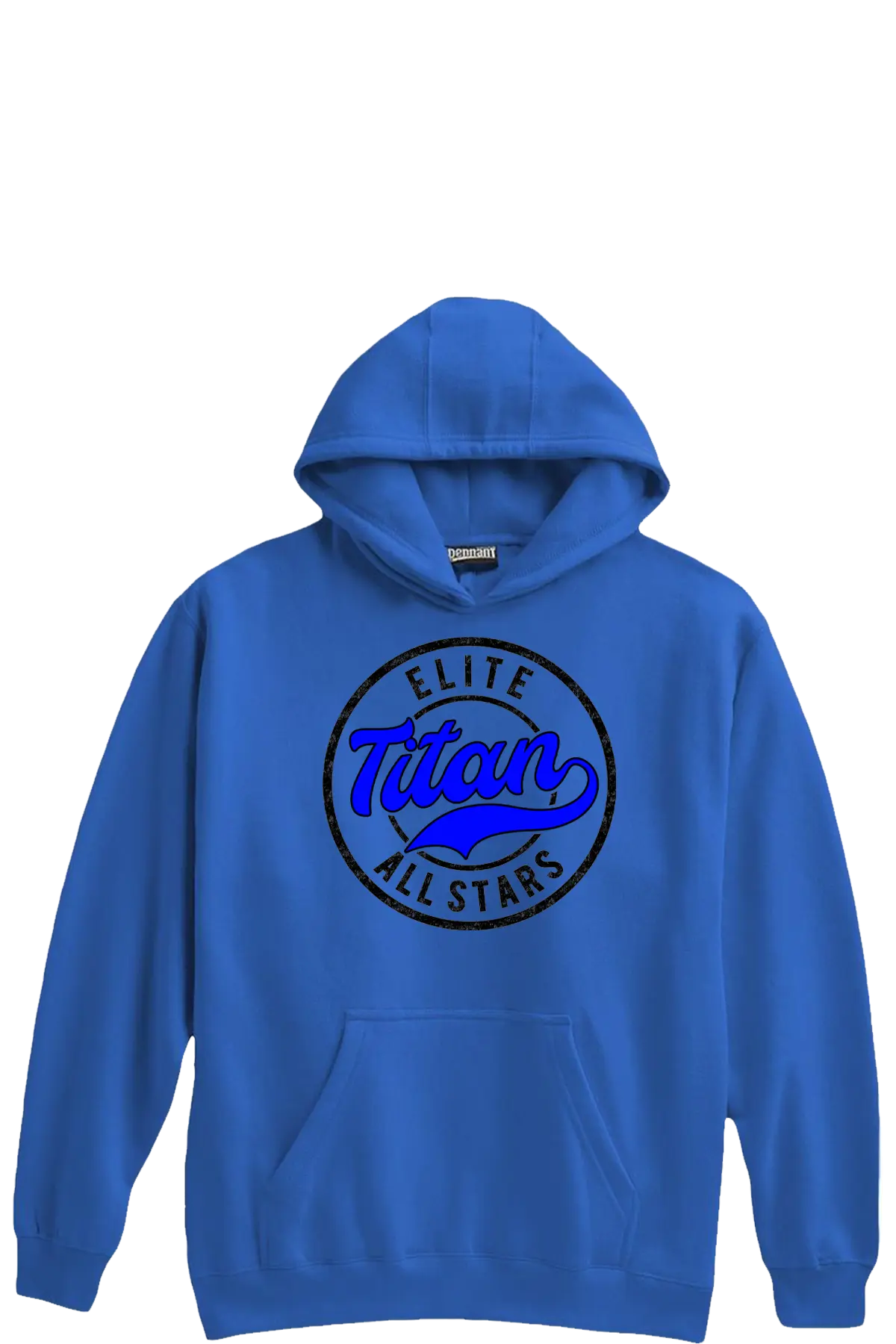 Blue hoodie with 'Elite Titan All Stars' logo on a white background. Paper Street Print Co, Blairstown, NJ.