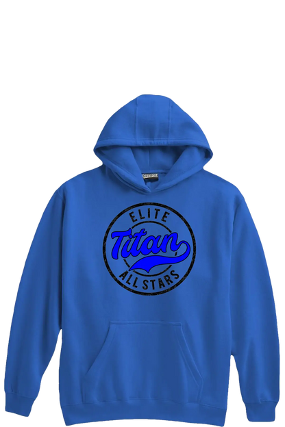 Blue hoodie with 'Elite Titan All Stars' logo on a white background. Paper Street Print Co, Blairstown, NJ.