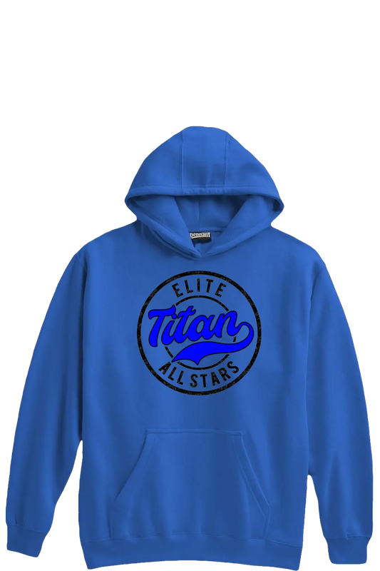 Blue hoodie with 'Elite Titan All Stars' logo on a white background. Paper Street Print Co, Blairstown, NJ.