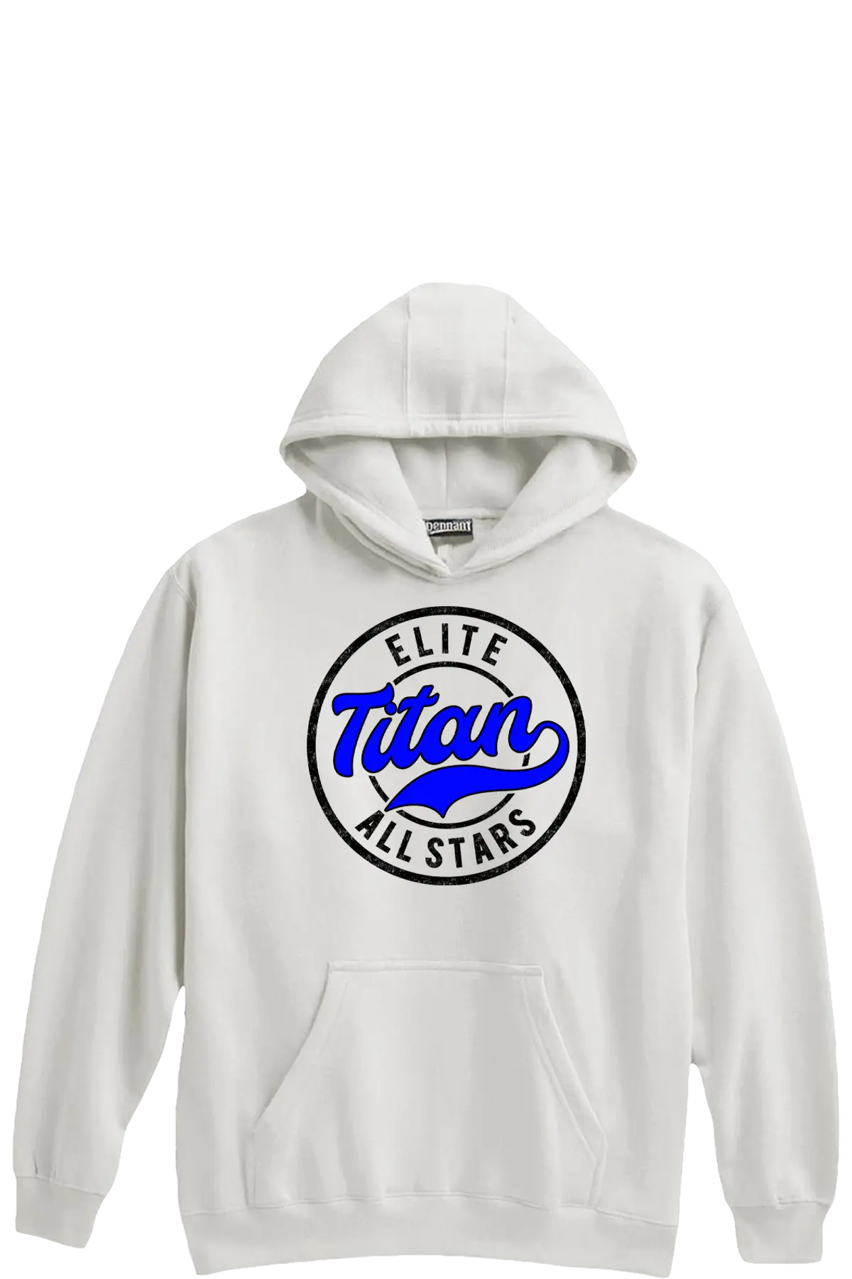 White hoodie with 'Elite Titan All Stars' logo on a white background. Paper Street Print Co, Blairstown, NJ.