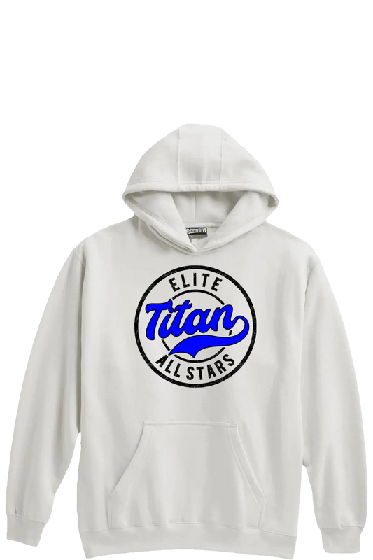 White hoodie with 'Elite Titan All Stars' logo on a white background. Paper Street Print Co, Blairstown, NJ.
