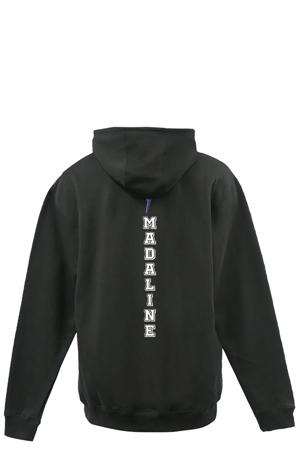 Black hoodie with 'MADALINE' text on the back against a white background. Paper Street Print Co, Blairstown, NJ.