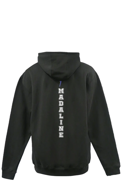 Black hoodie with 'MADALINE' text on the back against a white background. Paper Street Print Co, Blairstown, NJ.