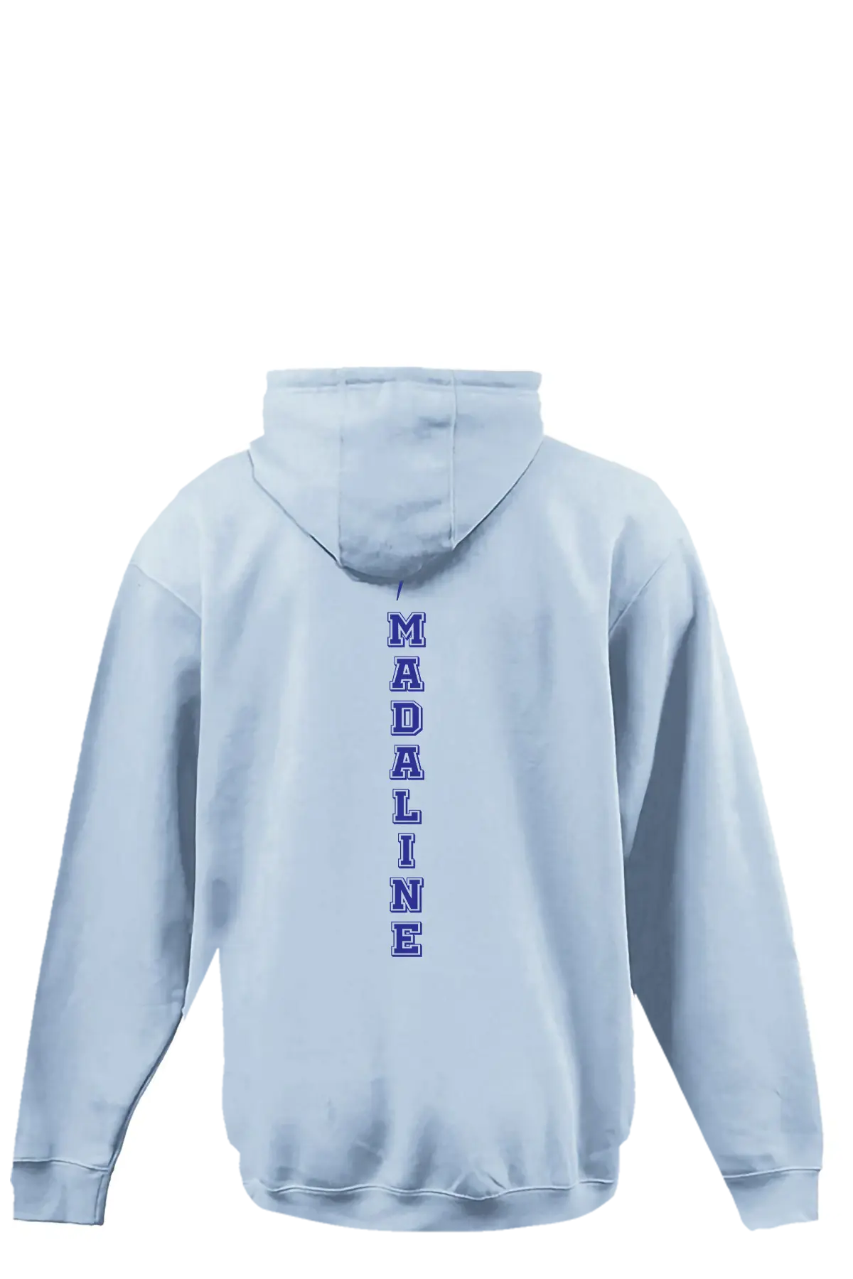 Light blue hoodie with 'MADALINE' text on the back against a white background. Paper Street Print Co, Blairstown, NJ.