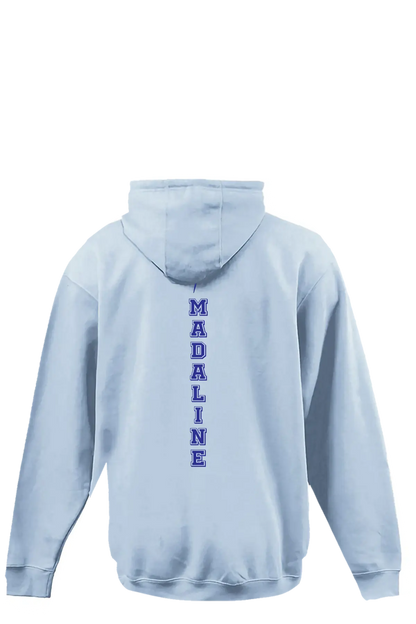 Light blue hoodie with 'MADALINE' text on the back against a white background. Paper Street Print Co, Blairstown, NJ.