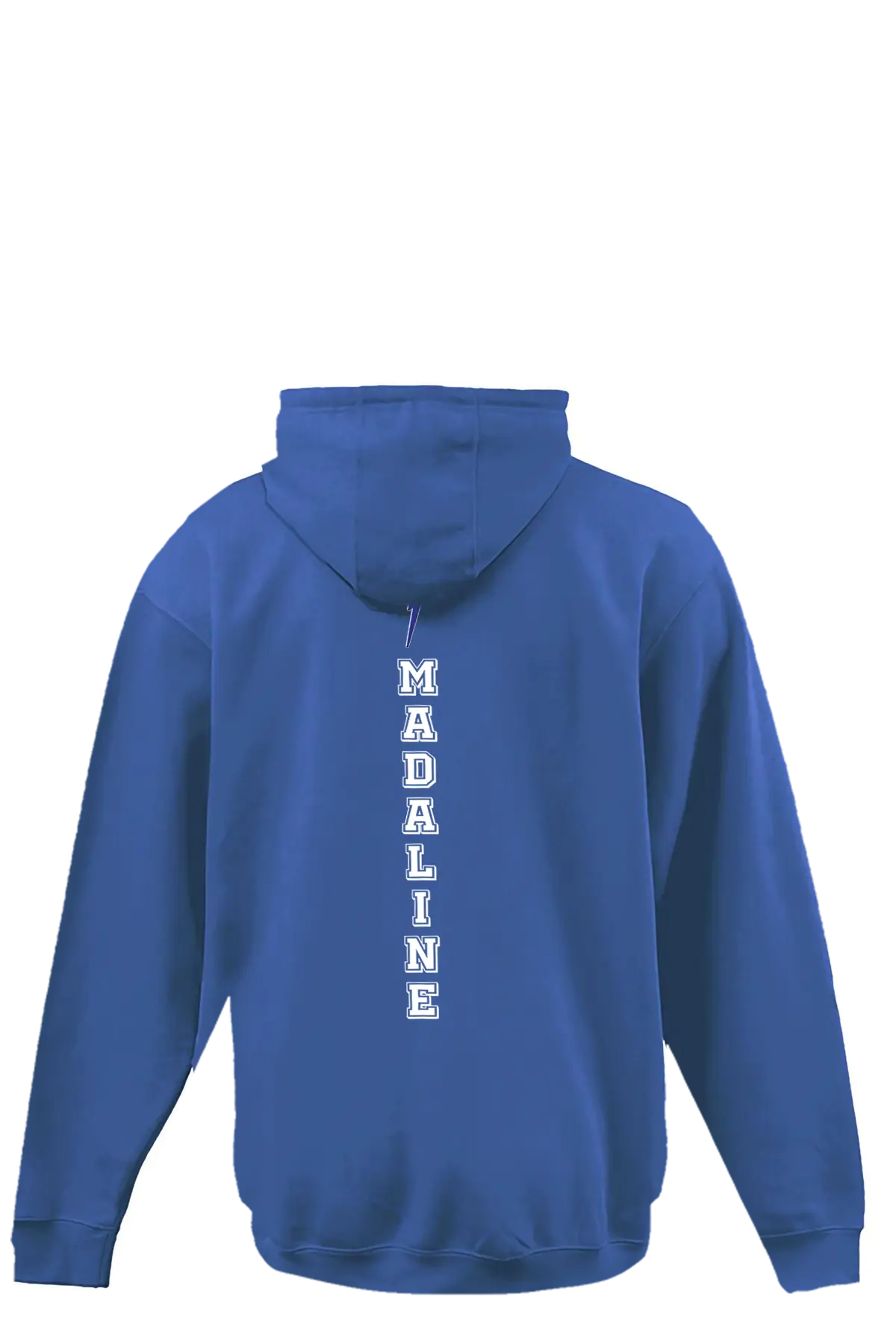 Blue hoodie with 'MADALINE' printed vertically on the back against a white background. Paper Street Print Co, Blairstown, NJ.