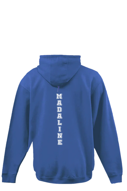 Blue hoodie with 'MADALINE' printed vertically on the back against a white background. Paper Street Print Co, Blairstown, NJ.