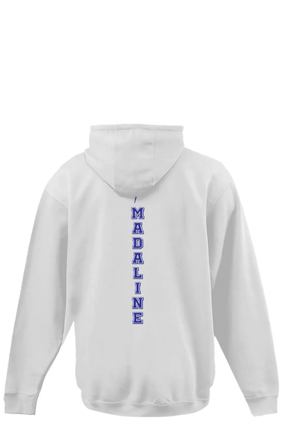 White hoodie with 'MADALINE' printed vertically on the back against a white background. Paper Street Print Co, Blairstown, NJ.