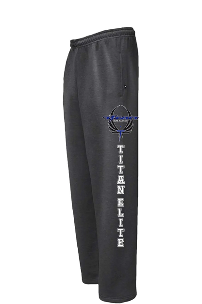 Dark gray sweatpants with 'Titan Elite' logo on a white background. Paper Street Print Co, Blairstown, NJ.