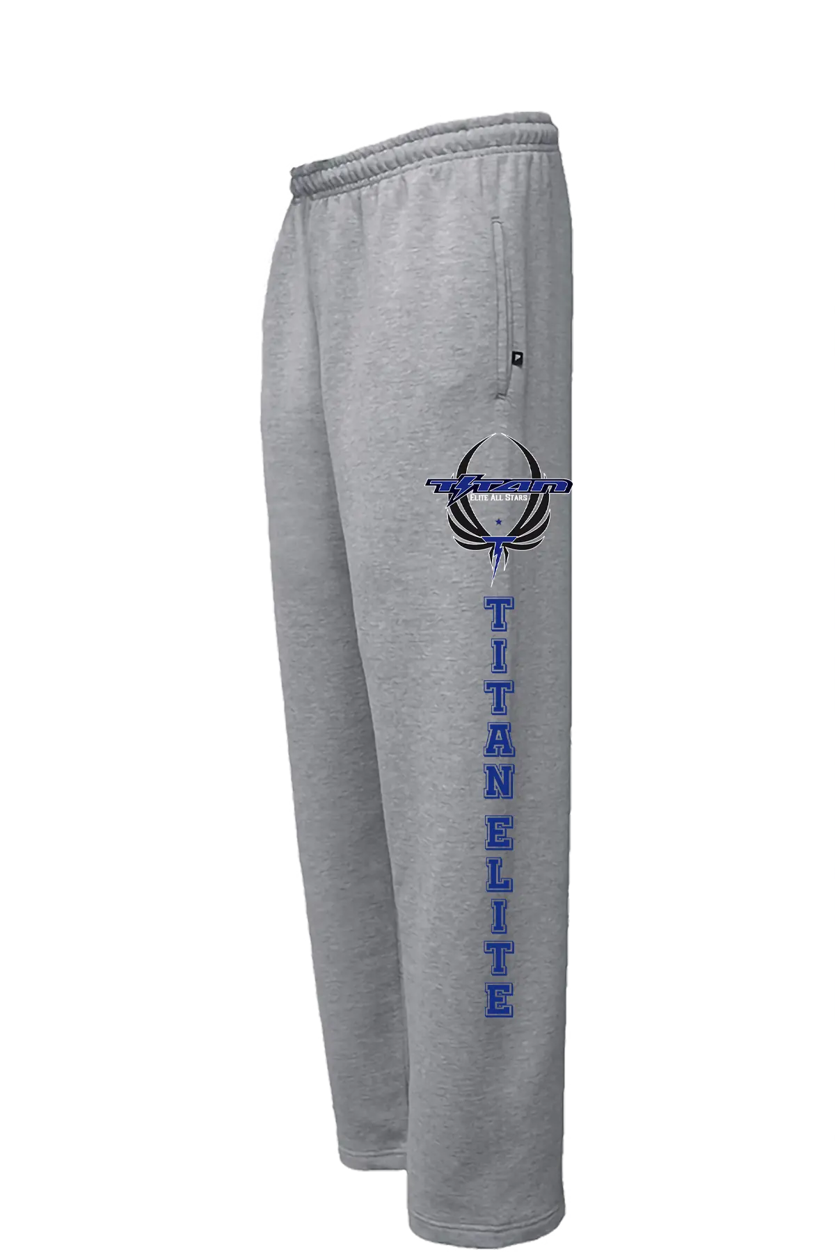 Gray sweatpants with 'Titan Elite' logo on a white background. Paper Street Print Co, Blairstown, NJ.