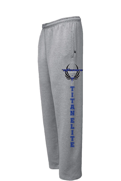 Gray sweatpants with 'Titan Elite' logo on a white background. Paper Street Print Co, Blairstown, NJ.
