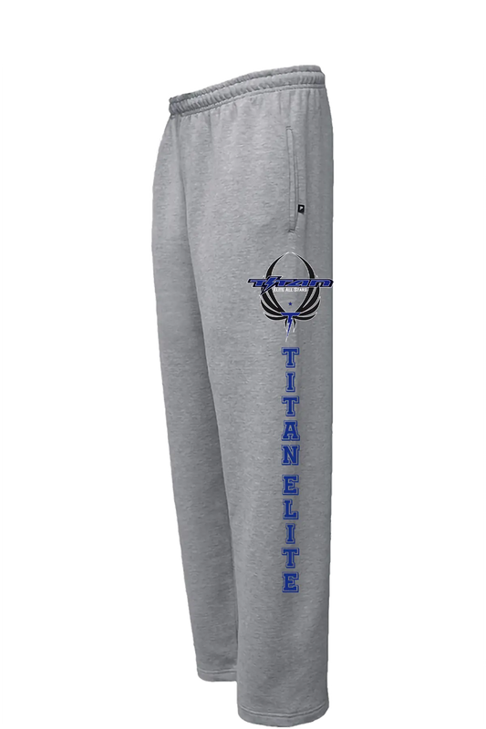 Gray sweatpants with 'Titan Elite' logo on a white background. Paper Street Print Co, Blairstown, NJ.
