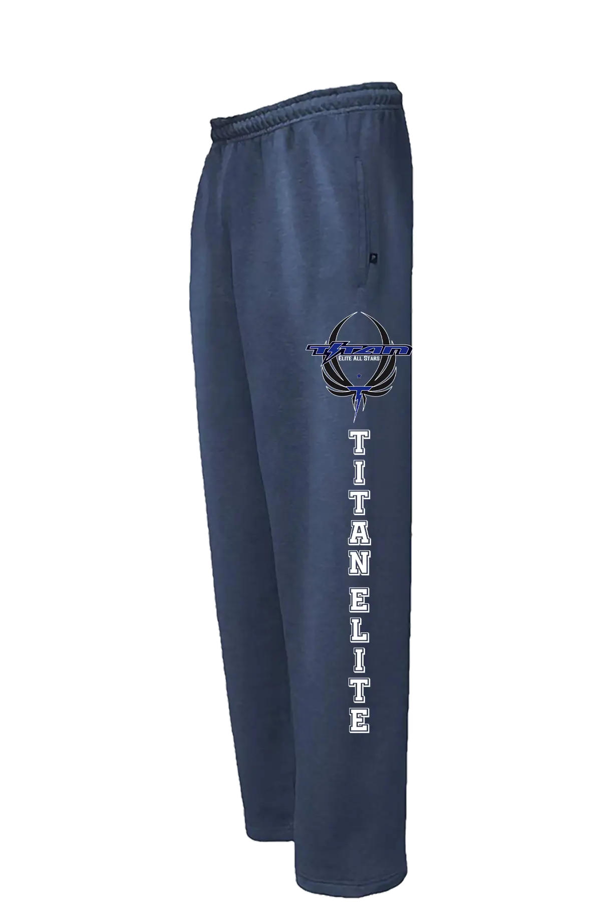 Navy sweatpants with 'Titan Elite' logo on a white background. Paper Street Print Co, Blairstown, NJ.