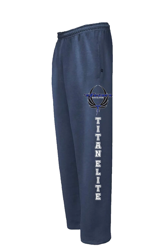 Navy sweatpants with 'Titan Elite' logo on a white background. Paper Street Print Co, Blairstown, NJ.