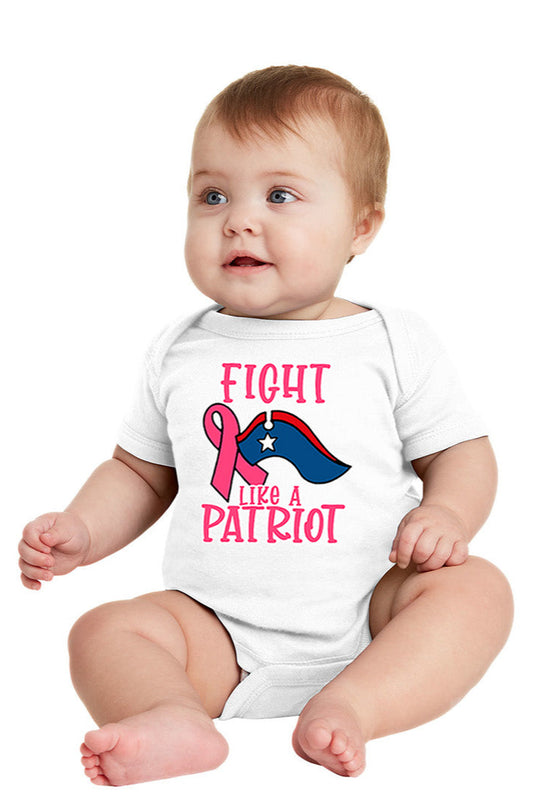 Baby wearing a onesie with 'Fight Like a Patriot' text and design. Paper Street Print Co, Blairstown, NJ.
