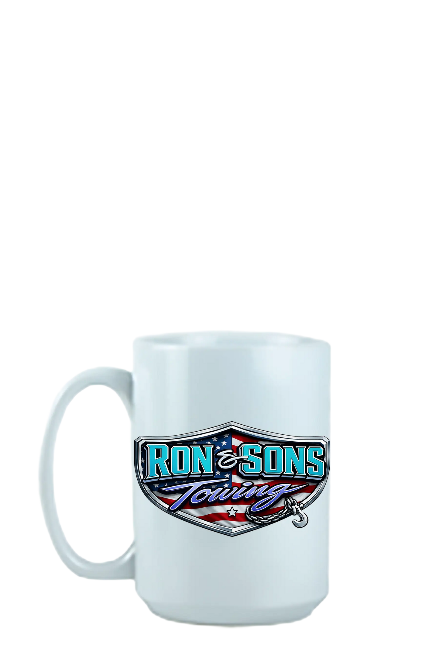White mug with 'Ron & Sons Towing' logo on a white background. Ron and Sons Towing, Paper Street Print Co, Blairstown, NJ.