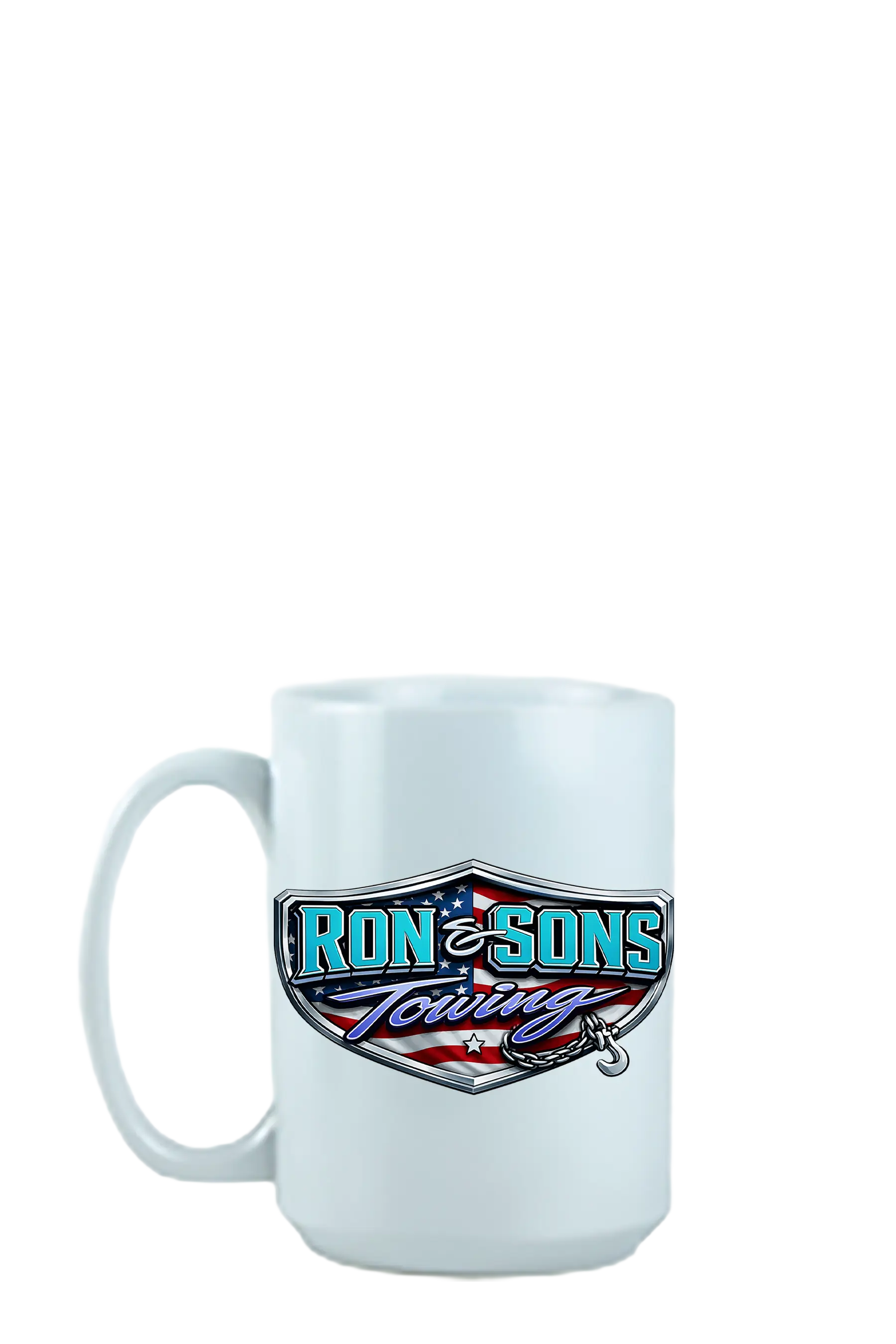 White mug with 'Ron & Sons Towing' logo on a white background. Ron and Sons Towing, Paper Street Print Co, Blairstown, NJ.