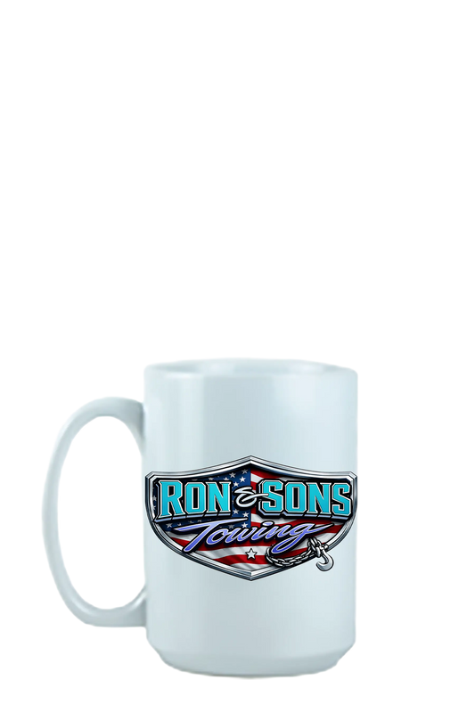 White mug with 'Ron & Sons Towing' logo on a white background. Ron and Sons Towing, Paper Street Print Co, Blairstown, NJ.