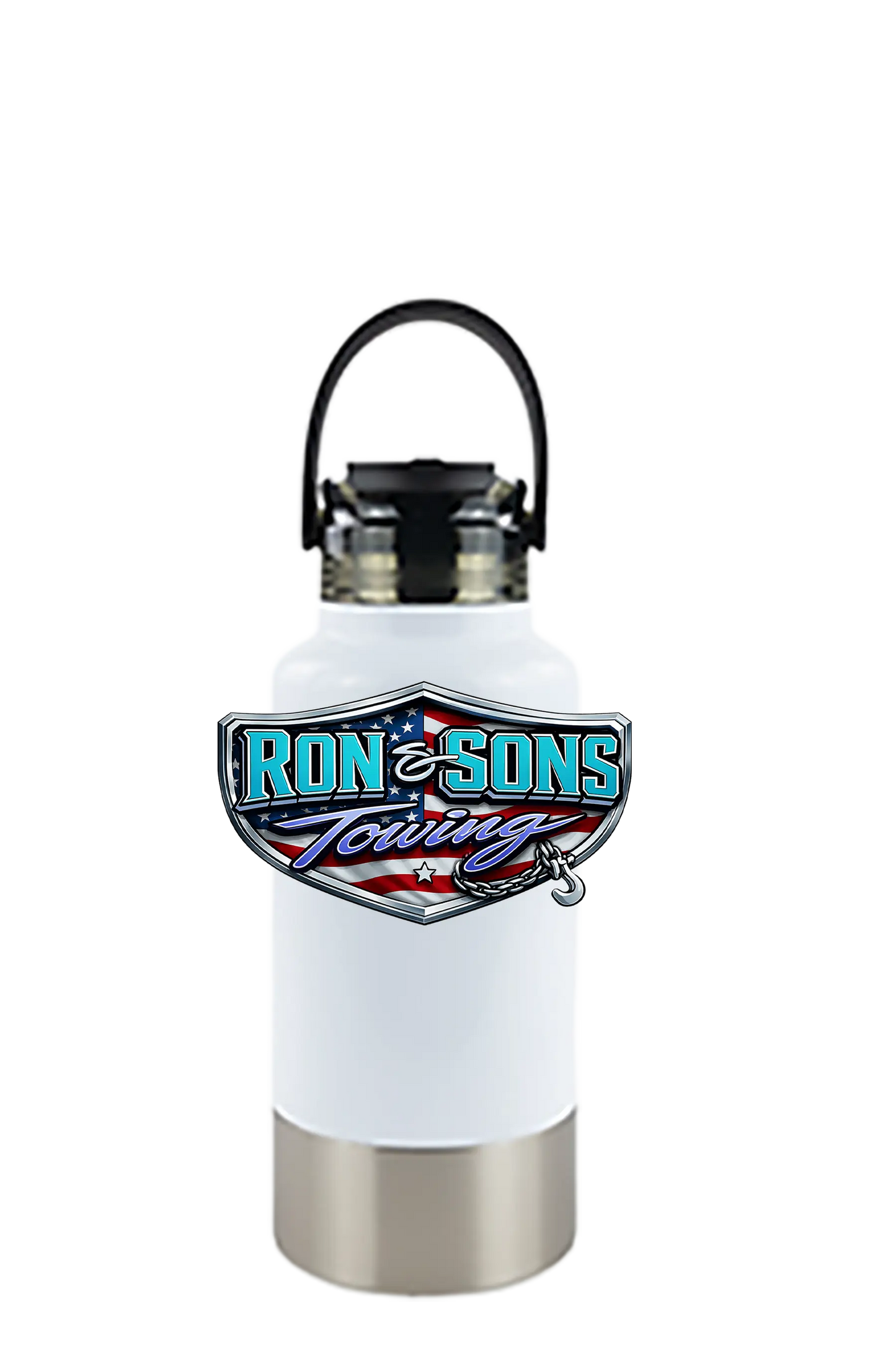 White water bottle with Ron & Sons Towing logo on a white background. Ron and Sons Towing, Paper Street Print Co, Blairstown, NJ.