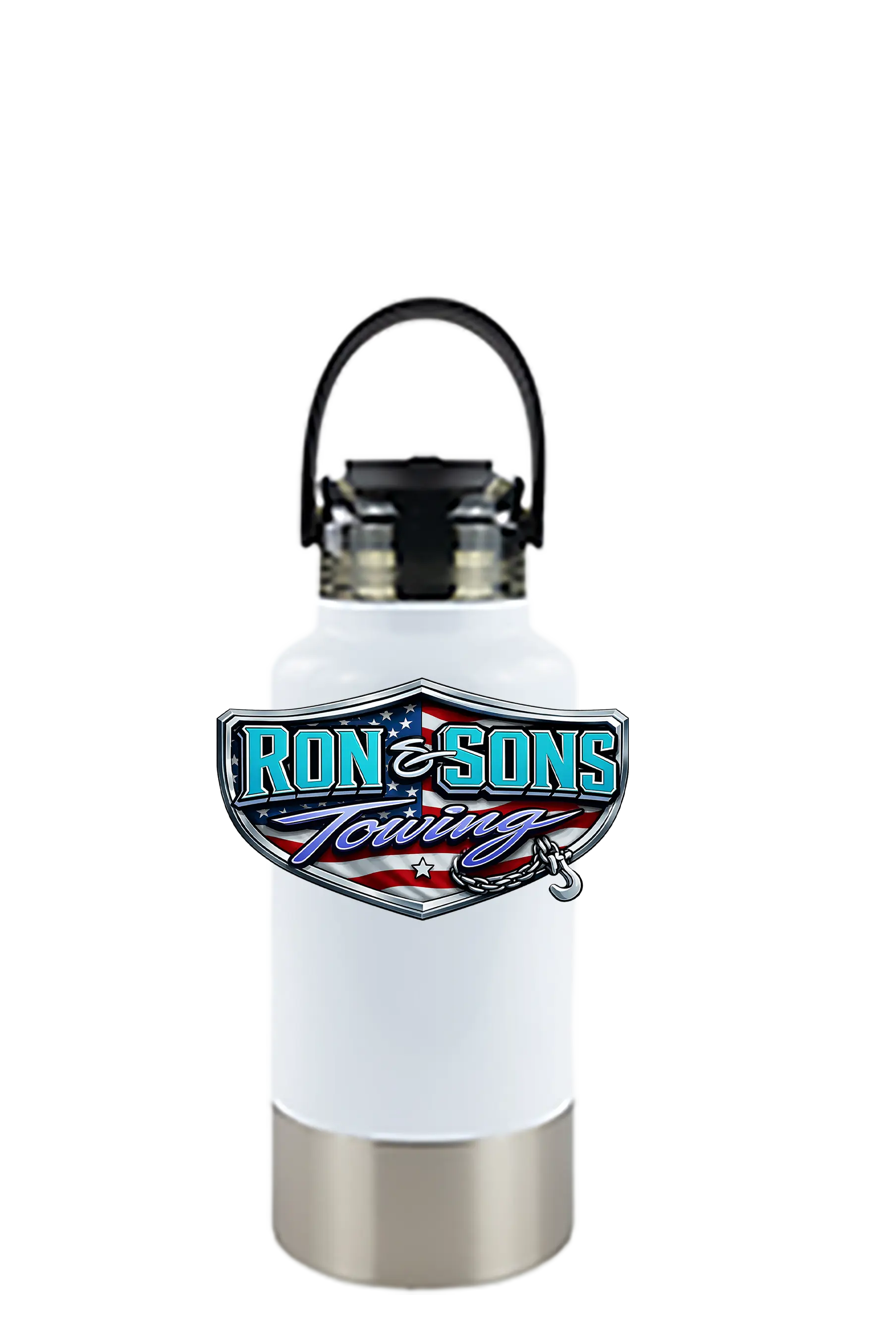 White water bottle with Ron & Sons Towing logo on a white background. Ron and Sons Towing, Paper Street Print Co, Blairstown, NJ.